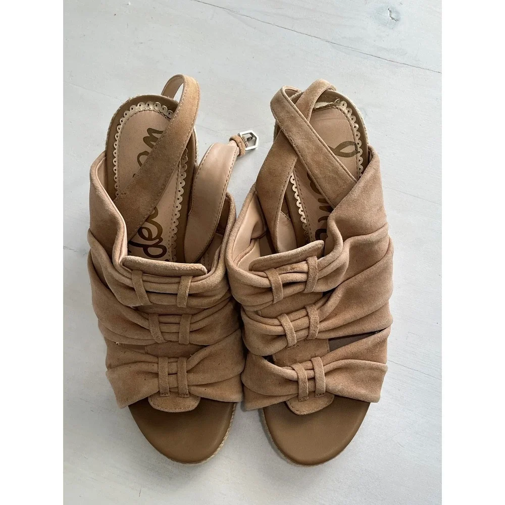 Sam Edelman Tan Suede Espadrille Wedge Sandals Bow Ankle Strap Women Size 6.5M‎